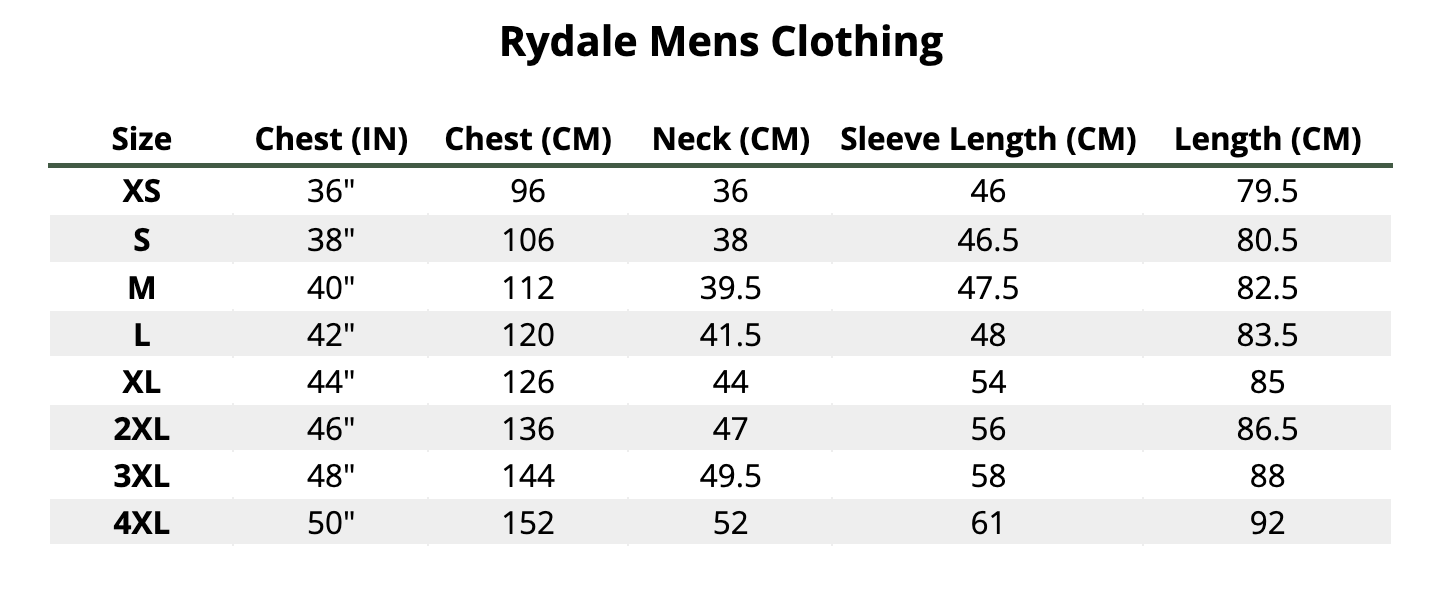 2025 Rydale Mens Clothing  Size Chart
